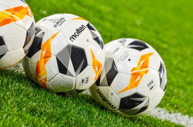 LVIV, UKRAINE - November 07, 2019: Official Molten football match Ball for Europa League during the UEFA Europa League match, Ukraine