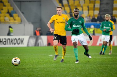 LVIV, UKRAINE - November 07, 2019:  Jean-Eudes Aholou player during the UEFA Europa League match between Alexandria (Ukraine) vs AS Saint Etienne (France), Ukraine