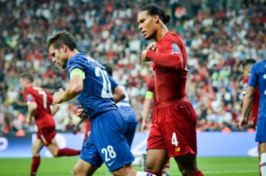 Istanbul, Turkey - August 14, 2019: Cesar Azpilicueta and Virgil van Dijk during the UEFA Super Cup Finals match between Liverpool and Chelsea at Vodafone Park in Vodafone Arena, Turkey