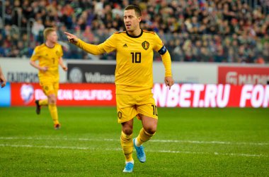 SAINT-PETERSBURG, RUSSIA - November 16, 2019: Eden Hazard celebrate goal scored during UEFA EURO 2020 qualifying match between national team Russia against Belgium national team, Russia