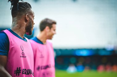 İstanbul, Türkiye - 14 Ağustos 2019: Michy Batshuayi ve Uefa Süper Kupası Finalleri öncesinde Vodafone Arena, Türkiye 'deki Vodafone Park' ta Liverpool ve Chelsea arasında oynanan antrenman oturumu