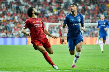 Istanbul, Turkey - August 14, 2019: Mohamed Salah and Emerson during the UEFA Super Cup Finals match between Liverpool and Chelsea at Vodafone Park in Vodafone Arena, Turkey