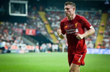 Istanbul, Turkey - August 14, 2019: James Milner during the UEFA Super Cup Finals match between Liverpool and Chelsea at Vodafone Park in Vodafone Arena, Turkey