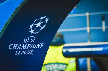 KHARKIV, UKRAINE - December 11, 2019: UEFA Champions League lettering with logo during the UEFA Champions League match between Shakhtar vs Atalanta BC (Italy), Ukraine