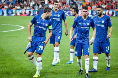 Istanbul, Turkey - August 14, 2019: Line up Chelsea Football player and general photo during the UEFA Super Cup Finals match between Liverpool and Chelsea at Vodafone Park, Turkey