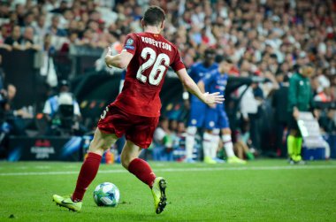 Istanbul, Turkey - August 14, 2019:  Andrew Robertson player during the UEFA Super Cup Finals match between Liverpool and Chelsea at Vodafone Park in Vodafone Arena, Turkey