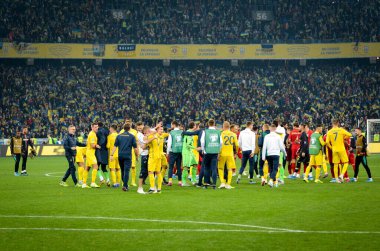 Kyiv, Ukrayna - 14 Ekim 2019: Ukrayna Millî Futbol Takımı Portekiz 'e karşı kazanılan zaferi ve 2020 Euro ödüllü Uefa Euro 2020 ön eleme karşılaşmasında birinciliği kutladı, Ukrayna