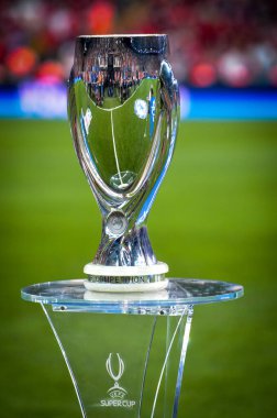 Istanbul, Turkey - August 14, 2019: Official 2019 UEFA Super Cup in Istanbul is on the pedestal during the UEFA Super Cup Finals match between Liverpool and Chelsea at Vodafone Park, Turkey