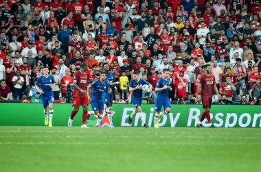 Istanbul, Turkey - August 14, 2019: Emerson celebrate goal scored during the UEFA Super Cup Finals match between Liverpool and Chelsea at Vodafone Park in Vodafone Arena, Turkey