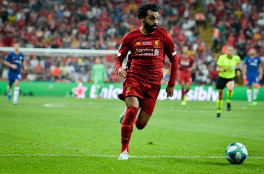 Istanbul, Turkey - August 14, 2019: Mohamed Salah player during the UEFA Super Cup Finals match between Liverpool and Chelsea at Vodafone Park in Vodafone Arena, Turkey