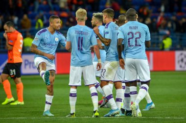 Kharkiv, Ukrayna - 18 Eylül 2019: Manchester City, Uefa Şampiyonlar Ligi maçında Ukrayna ile Manchester City arasındaki zaferi kutladı