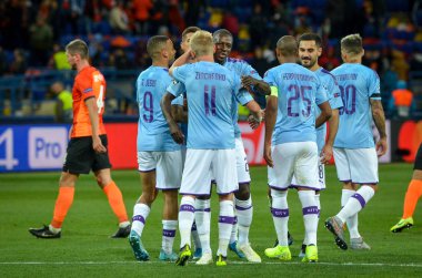 Kharkiv, Ukrayna - 18 Eylül 2019: Manchester City, Uefa Şampiyonlar Ligi maçında Ukrayna ile Manchester City arasındaki zaferi kutladı