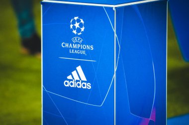 KHARKIV, UKRAINE - September 18, 2019: Champions League pedestal for ball during the UEFA Champions League match, Ukraine
