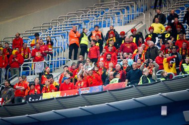 SAINT-PETERSBURG, RUSSIA - November 16, 2019: Belgium Football fans celebrate victory after UEFA EURO 2020 qualifying match between national team Russia against Belgium, Russia