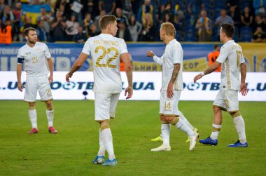 DNIPRO, UKRAINE - September 10, 2019: Ukraine national team players celebrate with fans and thank them for their support during the friendly match between Ukraine against Nigeria, Ukraine