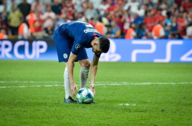 Istanbul, Turkey - August 14, 2019: Jorginho shoot penalty during the UEFA Super Cup Finals match between Liverpool and Chelsea at Vodafone Park in Vodafone Arena, Turkey