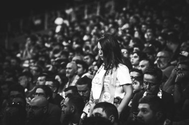 Istanbul, Turkey - August 14, 2019: Chelsea  Football fan girl during the UEFA Super Cup Finals match between Liverpool and Chelsea at Vodafone Park in Vodafone Arena, Turkey