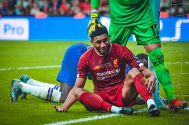 Istanbul, Turkey - August 14, 2019: Joe Gomez  during the UEFA Super Cup Finals match between Liverpool and Chelsea at Vodafone Park in Vodafone Arena, Turkey