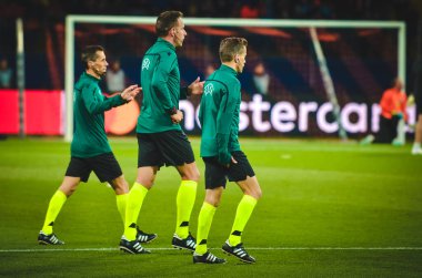 KHARKIV, UKRAINE - September 18, 2019: Referee panel during the UEFA Champions League match between Shakhtar Donetsk vs Manchester City (England), Ukraine
