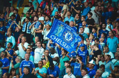 Istanbul, Turkey - August 14, 2019: Chelsea  Football fans and spectators during the UEFA Super Cup Finals match between Liverpool and Chelsea at Vodafone Park in Vodafon Arena, Turkey