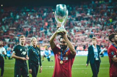 Istanbul, Turkey - August 14, 2019: Mohamed Salah celebrate with UEFA Super Cup 2019 at Vodafone Park in Vodafone Arena, Turkey