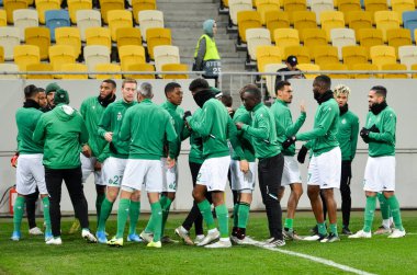 LVIV, UKRAINE - November 07, 2019: Footballers of Saint Etienne hug each other during the UEFA Europa League match between Alexandria (Ukraine) vs AS Saint Etienne (France), Ukraine
