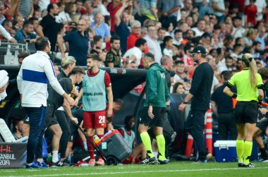 Istanbul, Turkey - August 14, 2019: Chelsea player  during half-time break during the UEFA Super Cup Finals match between Liverpool and Chelsea at Vodafone Park in Vodafone Arena, Turkey