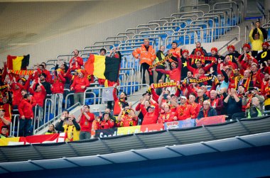 SAINT-PETERSBURG, RUSSIA - November 16, 2019: Belgium Football fans celebrate victory after UEFA EURO 2020 qualifying match between national team Russia against Belgium, Russia