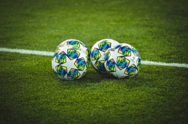 KHARKIV, UKRAINE - December 11, 2019: Champions League official football game close-up during the UEFA Champions League match between Shakhtar vs Atalanta BC (Italy), Ukraine