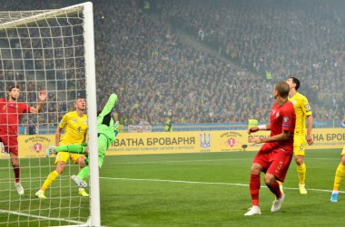 Kyiv, Ukrayna - 14 Ekim 2019: Uefa Euro 2020 ön eleme maçında Ukrayna milli takımı Ukrayna milli takımı Ukrayna ile oynamıştır.
