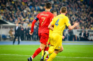 Kyiv, Ukrayna - 14 Ekim 2019: Uefa Euro 2020 ön eleme maçında Ukrayna milli takımı Ukrayna ile Ukrayna milli takımı arasında oynanan Cristiano Ronaldo
