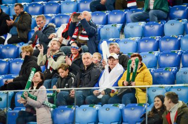 SAINT-PETERSBURG, RUSSIA - November 16, 2019: Football fans support their team during UEFA EURO 2020 qualifying match between national team Russia against Belgium, Russia