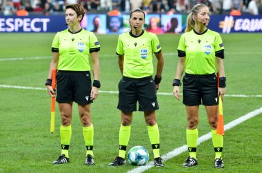 Istanbul, Turkey - August 14, 2019: Women's Referees Panel led by Judge Stephanie Frappart during the UEFA Super Cup Finals match between Liverpool and Chelsea in Vodafon Arena stadium, Turkey
