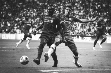 Istanbul, Turkey - August 14, 2019: Sadio Mane and Andreas Christensen during the UEFA Super Cup Finals match between Liverpool and Chelsea at Vodafone Park in Vodafone Arena, Turkey