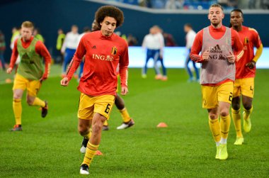 SAINT-PETERSBURG, RUSSIA - November 16, 2019: Axel Witsel and  Belgium national football team training session during UEFA EURO 2020 qualifying match between Russia against Belgium, Russia