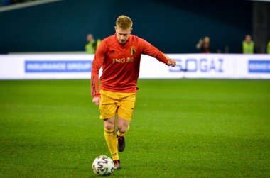 SAINT-PETERSBURG, RUSSIA - November 16, 2019: Kevin De Bruyne and Belgium national football team training session during UEFA EURO 2020 qualifying match between Russia against Belgium, Russia