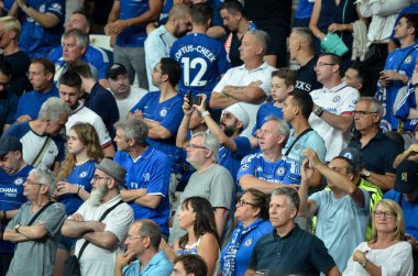 Istanbul, Turkey - August 14, 2019: Chelsea  Football fans and spectators during the UEFA Super Cup Finals match between Liverpool and Chelsea at Vodafone Park in Vodafon Arena, Turkey