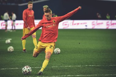 SAINT-PETERSBURG, RUSSIA - November 16, 2019: Timothy Castagne and Belgium national football team training session during UEFA EURO 2020 qualifying match between Russia against Belgium, Russia