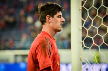 SAINT-PETERSBURG, RUSSIA - November 16, 2019: Thibaut Courtois and Belgium national football team training session during UEFA EURO 2020 qualifying match between Russia against Belgium, Russia