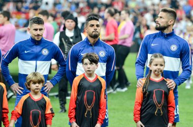 Istanbul, Turkey - August 14, 2019: Chelsea football players in front during the UEFA Super Cup Finals match between Liverpool and Chelsea at Vodafone Park in Vodafone Arena, Turkey