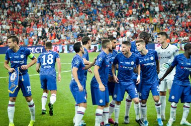 Istanbul, Turkey - August 14, 2019: Line up Chelsea Football player and general photo during the UEFA Super Cup Finals match between Liverpool and Chelsea at Vodafone Park, Turkey