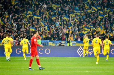 Kyiv, Ukrayna - 14 Ekim 2019: Uefa Euro 2020 ön eleme maçında Ukrayna milli takımı Ukrayna ile Portekiz milli takımı Ukrayna arasındaki golü kutladı