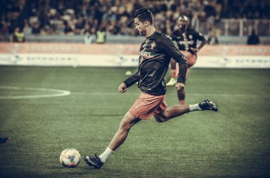 Kyiv, Ukrayna - 14 Ekim 2019: Uefa Euro 2020 ön eleme karşılaşmasında Ukrayna milli takımı Ukrayna ile Ukrayna milli takımı arasında oynanan karşılaşma sırasında Cristiano Ronaldo