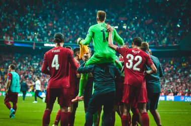 Istanbul, Turkey - August 14, 2019: Adrian celebrate victory during the UEFA Super Cup Finals match between Liverpool and Chelsea at Vodafone Park in Vodafone Arena, Turkey