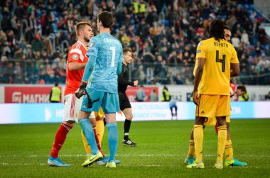 Saint-Petersburg, Rusya - 16 Kasım 2019: Thibaut Courtois, Rusya takımı arasında Belçika, Rusya 'ya karşı oynanan Uefa Euro 2020 ön eleme karşılaşmasında zaferi kutladı