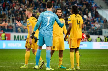 Saint-Petersburg, Rusya - 16 Kasım 2019: Thibaut Courtois, Rusya takımı arasında Belçika, Rusya 'ya karşı oynanan Uefa Euro 2020 ön eleme karşılaşmasında zaferi kutladı