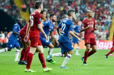 Istanbul, Turkey - August 14, 2019: Andrew Robertson and Christian Pulisic during the UEFA Super Cup Finals match between Liverpool and Chelsea at Vodafone Park in Vodafone Arena, Turkey