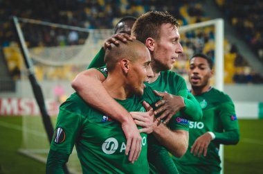 LVIV, UKRAINE - November 07, 2019: Robert Beric  and Wahbi Khazri celebrate goal scored during the UEFA Europa League match between Alexandria vs AS Saint Etienne (France), Ukraine