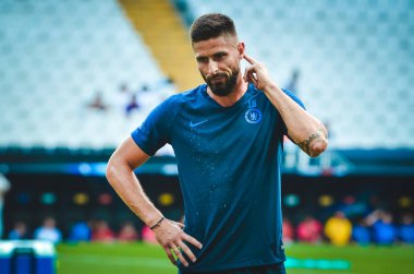 İstanbul, Türkiye - 14 Ağustos 2019: Uefa Süper Kupası Finallerinden önce Olivier Giroud Liverpool ile Chelsea arasında Vodafone Park, Vodafone Arena, Türkiye
