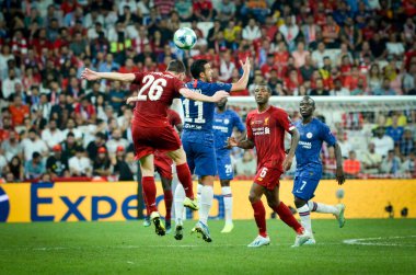 Istanbul, Turkey - August 14, 2019:  Andrew Robertson and Pedro during the UEFA Super Cup Finals match between Liverpool and Chelsea at Vodafone Park in Vodafone Arena, Turkey